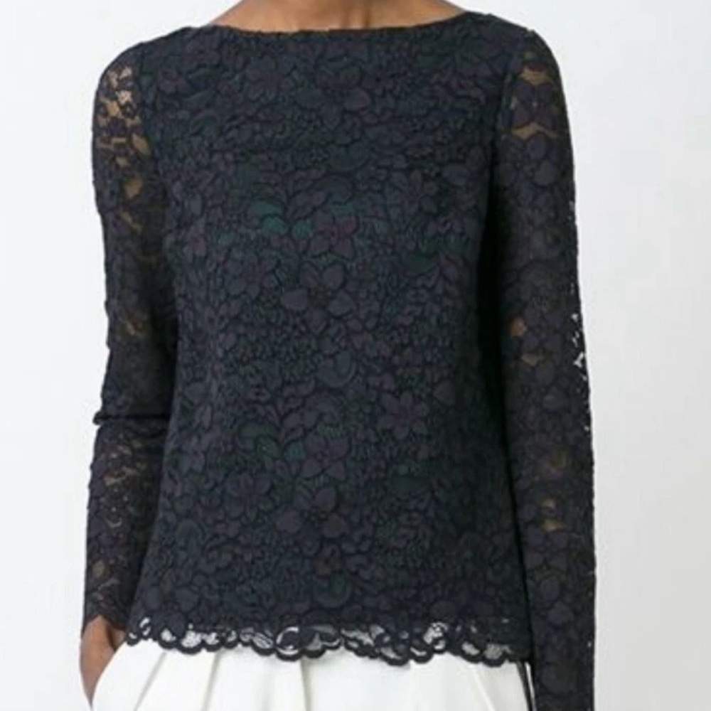 Tory Burch Black Floral Lace Blouse Size 4 Sheer Long Sleeve Scalloped Hem Gold
